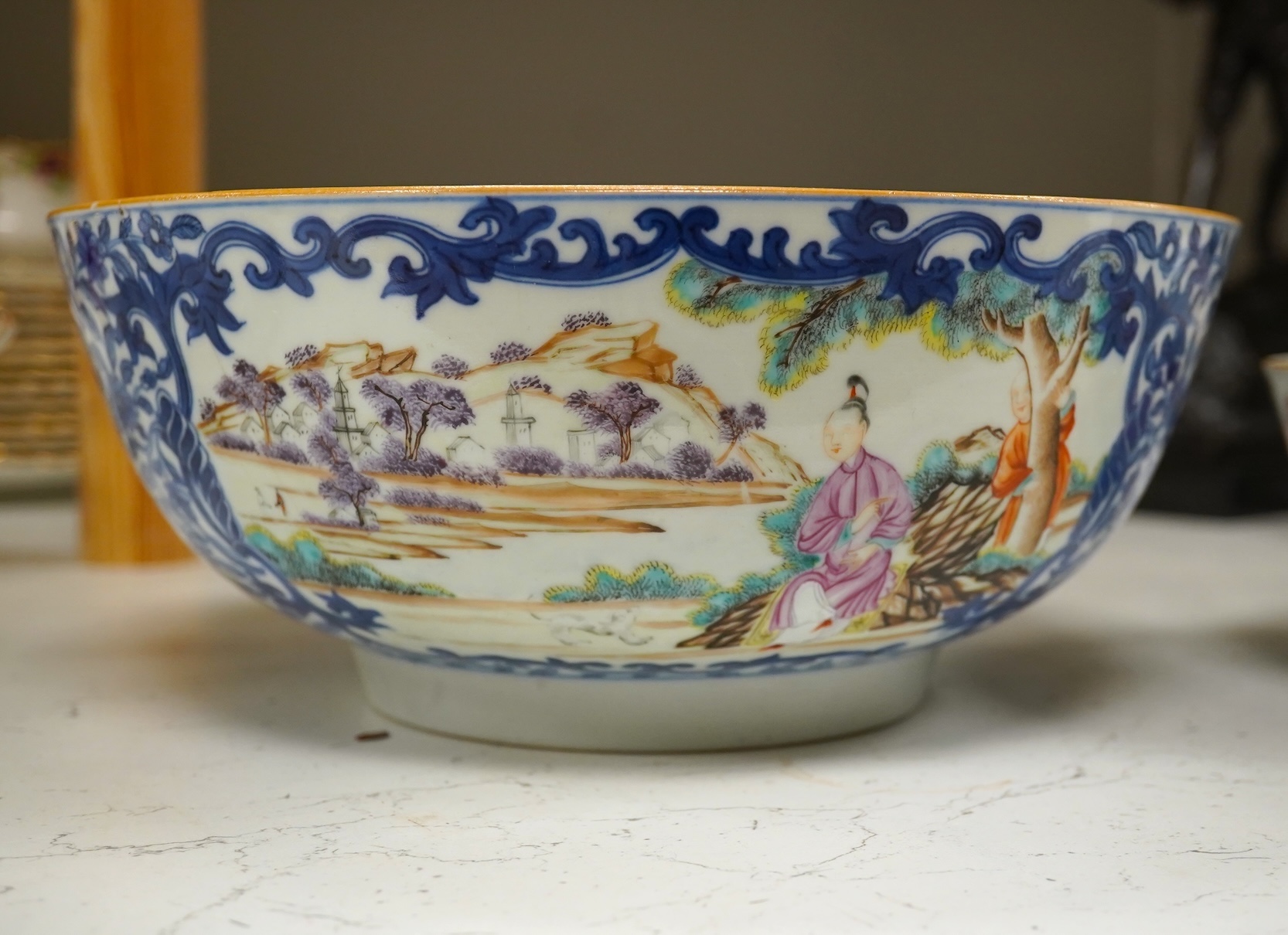 Two 18th century Chinese export famille rose bowls (a.f) largest 26cm diameter. Condition - poor